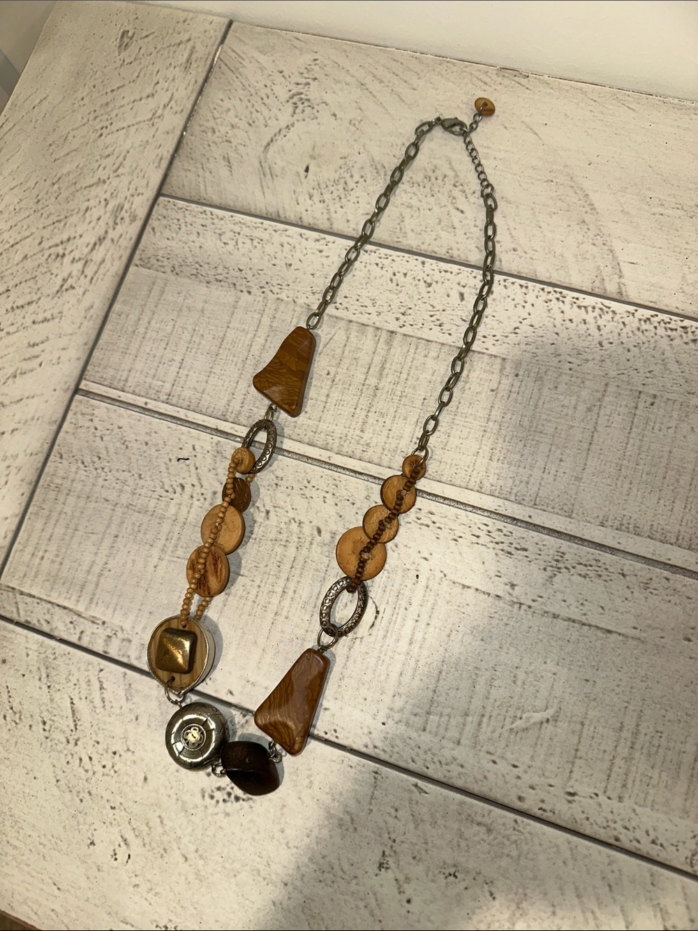 Source Unknown Tan and Brown Mixed Wood & Metal Necklace